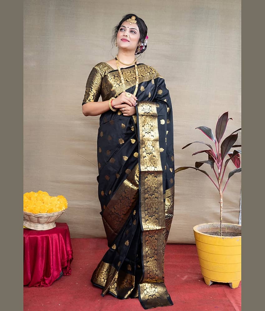 GARIYA Art Silk Embellished Saree With Unstitched Blouse Piece ( Black )