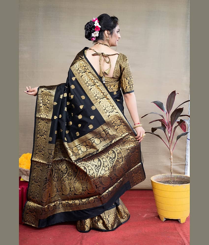 GARIYA Art Silk Embellished Saree With Unstitched Blouse Piece ( Black ) view 2