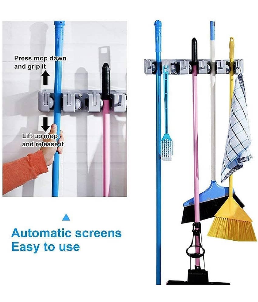 RAMDEV ENTERPRISE Mop,Wiper & Broom Holder, 5 Slot Position with 6 Hooks Storage Holder Wall Mounted, Plastic, Multicolour. view 2
