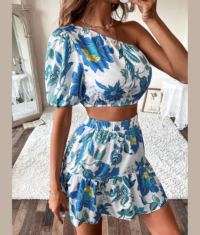 COOL AND CASUAL Women Printed Top With Skirt Co-Ord Set ( Blue ) view 2