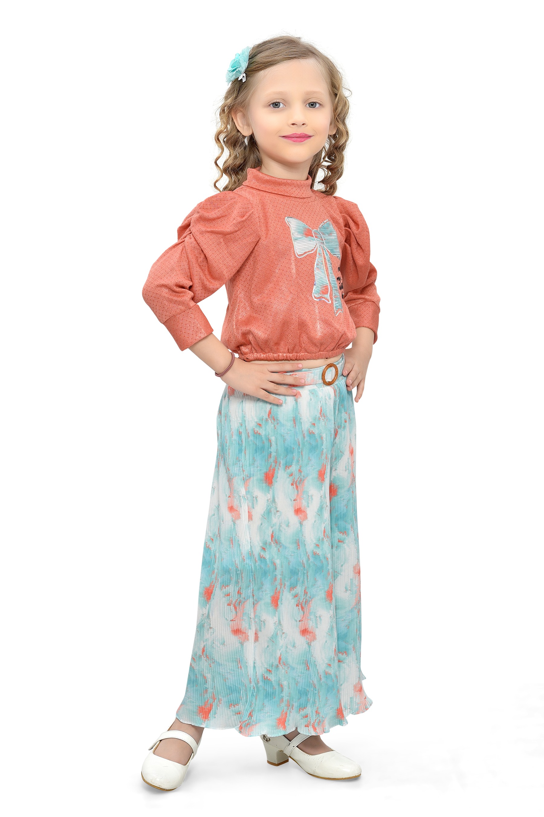 Be:Kids Coral Puff-Sleeve Top and Floral Palazzo Pants Set for Girls view 2