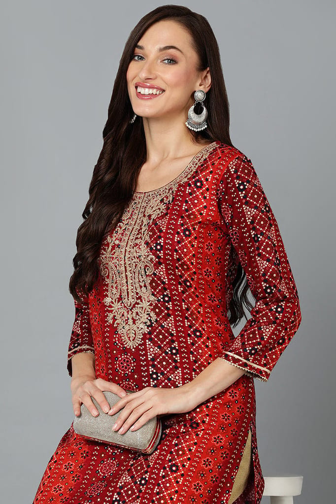 Cotton Blend Maroon Printed Straight Kurta VCK9238 view 2