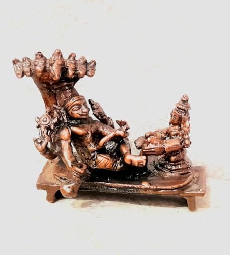 Searchers Paradise - Copper Idols god Vishnu with mahalakshmi Lying on adhisesha, 1.5 inches, Copper Handmade 52 Grams, Patina Antique Finish, Pack of 1 Piece view 2