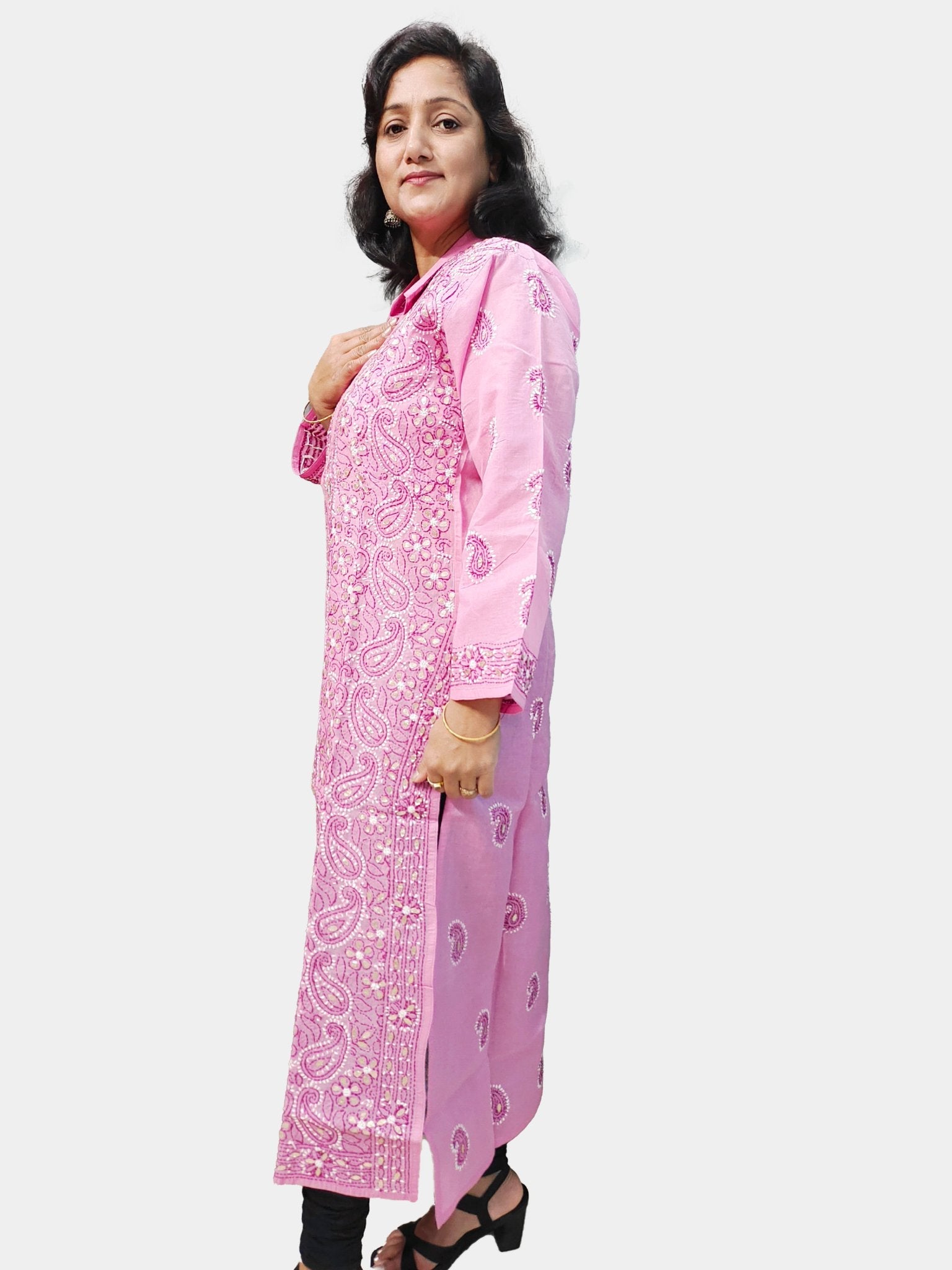 TheHangr Dual Thread Hand Embroided Pinkish Purple Cotton Lucknowi Chikankari Kurti view 2