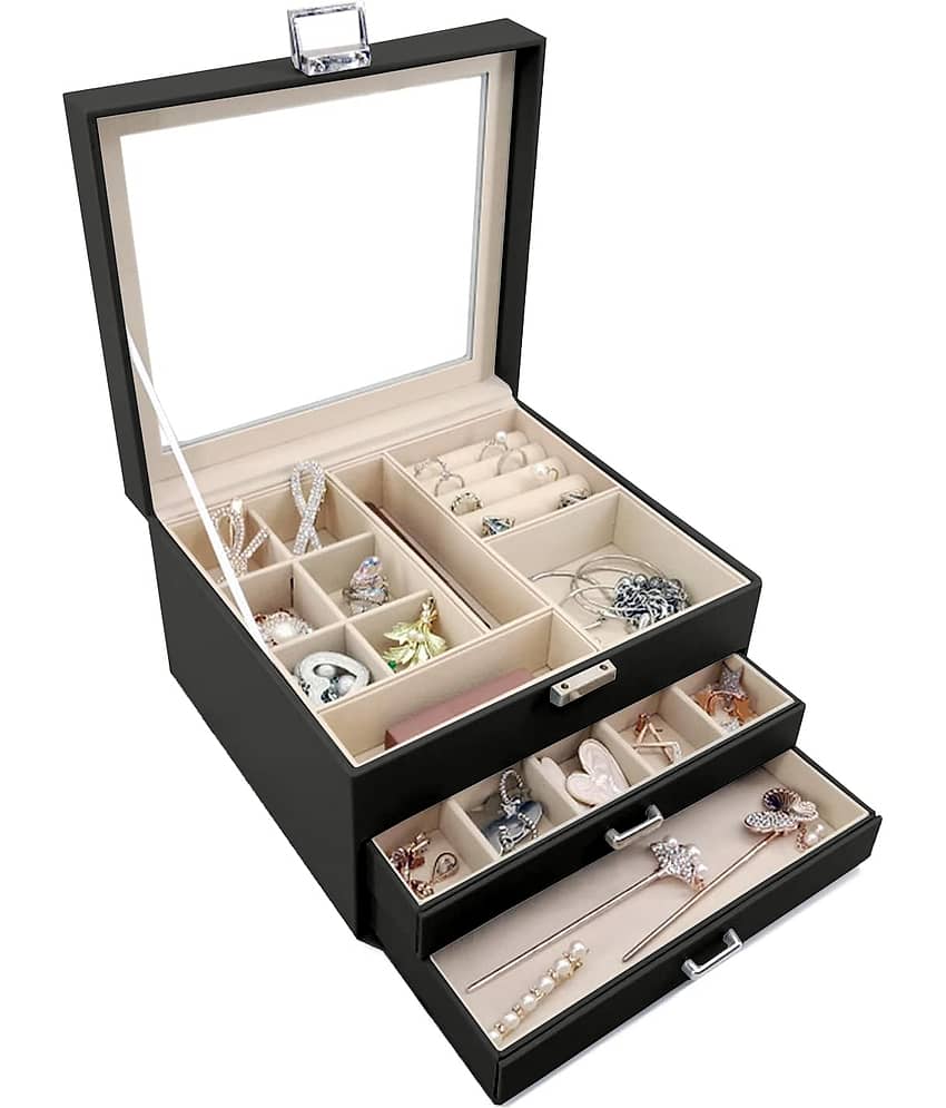 Jewellery Organiser PU Leather Zipper Portable Storage Box with Divider Container view 2