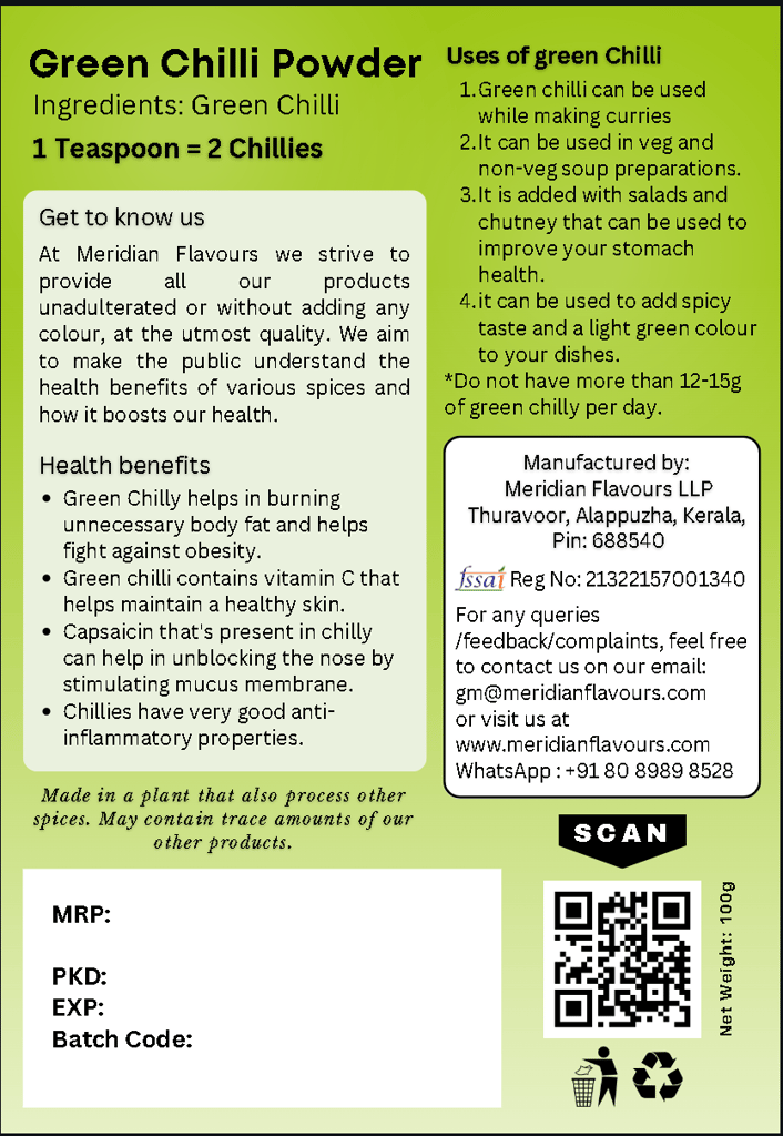 Meridian Flavours Dehydrated Green Chilli Powder | Washed and Cleaned | 100% Natural and Preservatives Free | 1 Teaspoon = 2 Green Chillies | (Green Chilli Powder, 50gm) view 2
