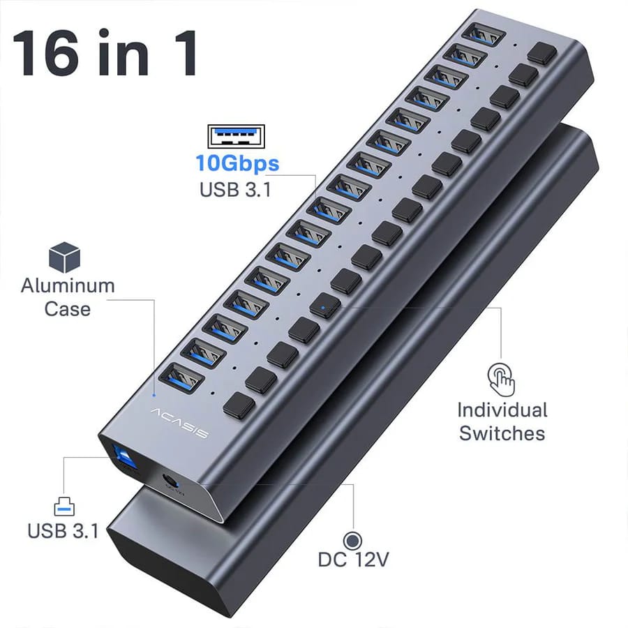 ACASIS USB 3.0 Hub Super Speed Splitter,16 Ports USB Data Hub with Power Adapter, Individual On/Off Switches and Lights for Laptop, PC,Desktop view 2