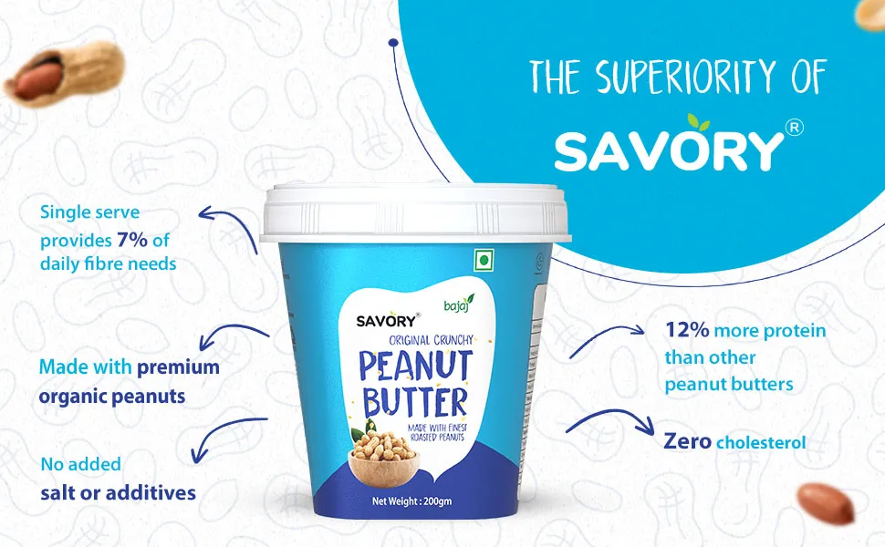 Savory Original Crunchy Peanut Butter (200g) | Made with Finest Roasted Peanuts | High in Protein | Cholesterol Free & Keto Friendly | Healthy Nut Butter | Ready to Eat view 2