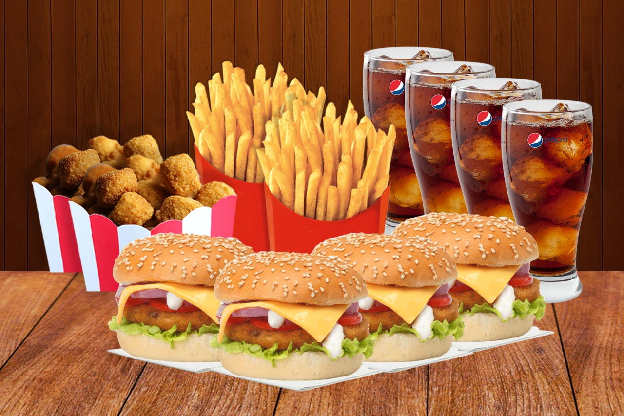 4 paneer burger+2 fries+2 jalapeno poppers+2 pepsi