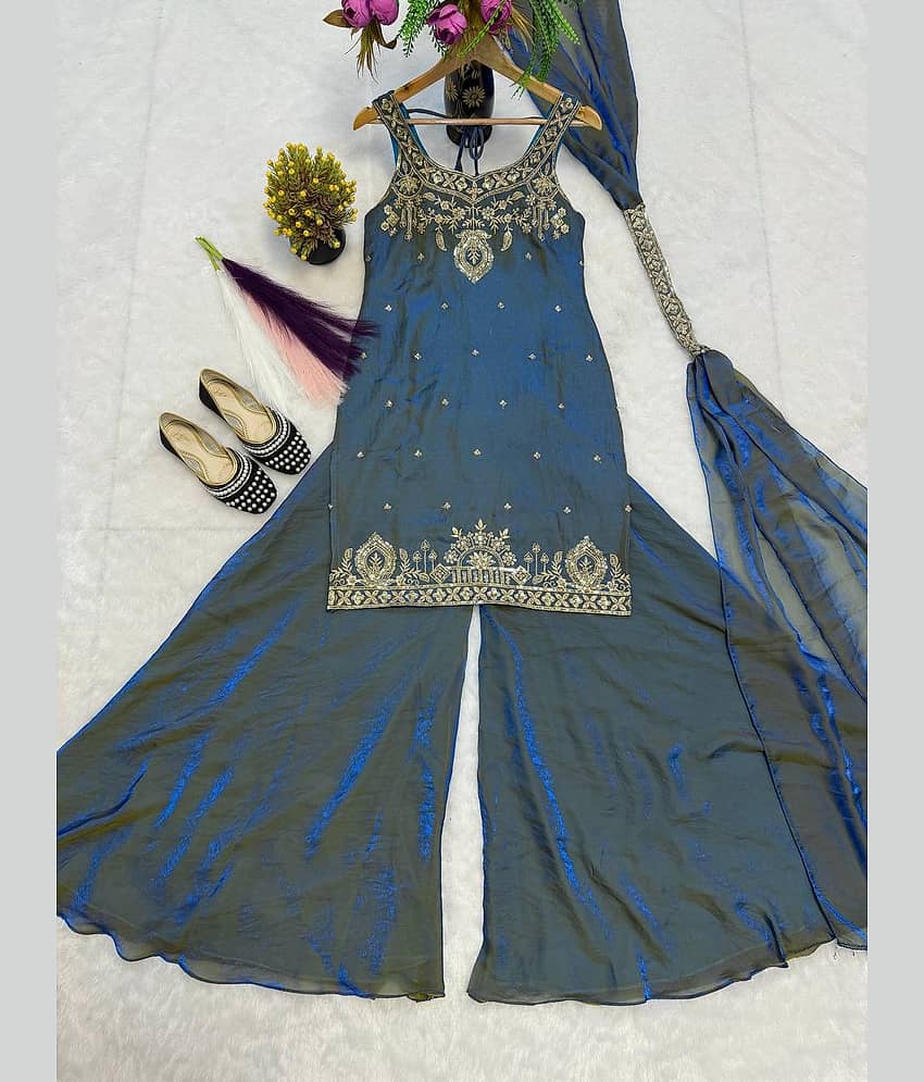 BHAGYASHRAY Women Silk Embroidered Ethnic Motifs Kurti With Salwar ( Teal ) view 2