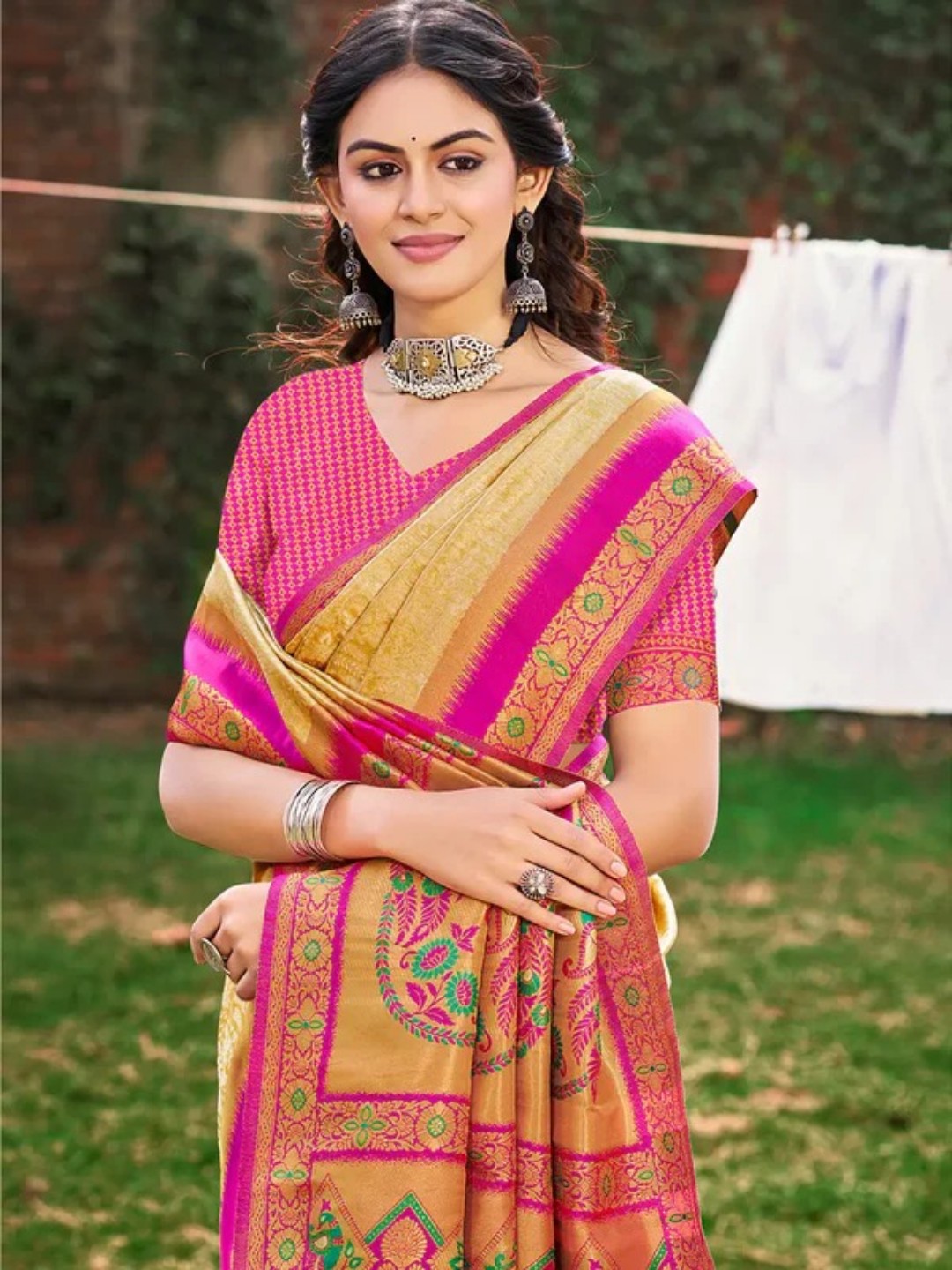 Golden Banarasi Silk Saree view 2