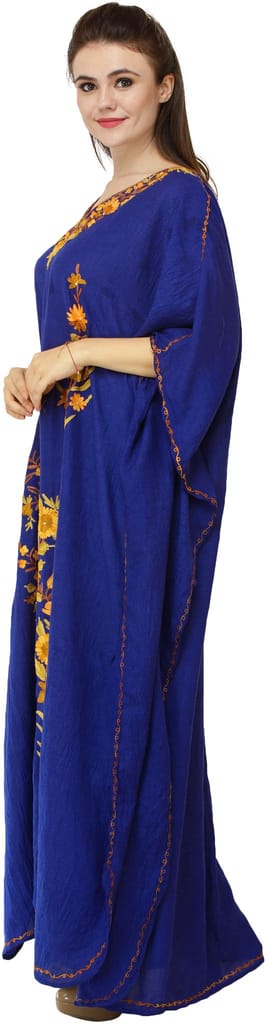 Lapis-Blue Crushed Kashmiri Kaftan with Aari Embroidered Multicolored Flowers view 2