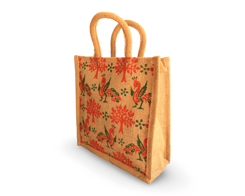 Eco-Friendly Jute Tote Bag with Colorful Peacock Print view 2