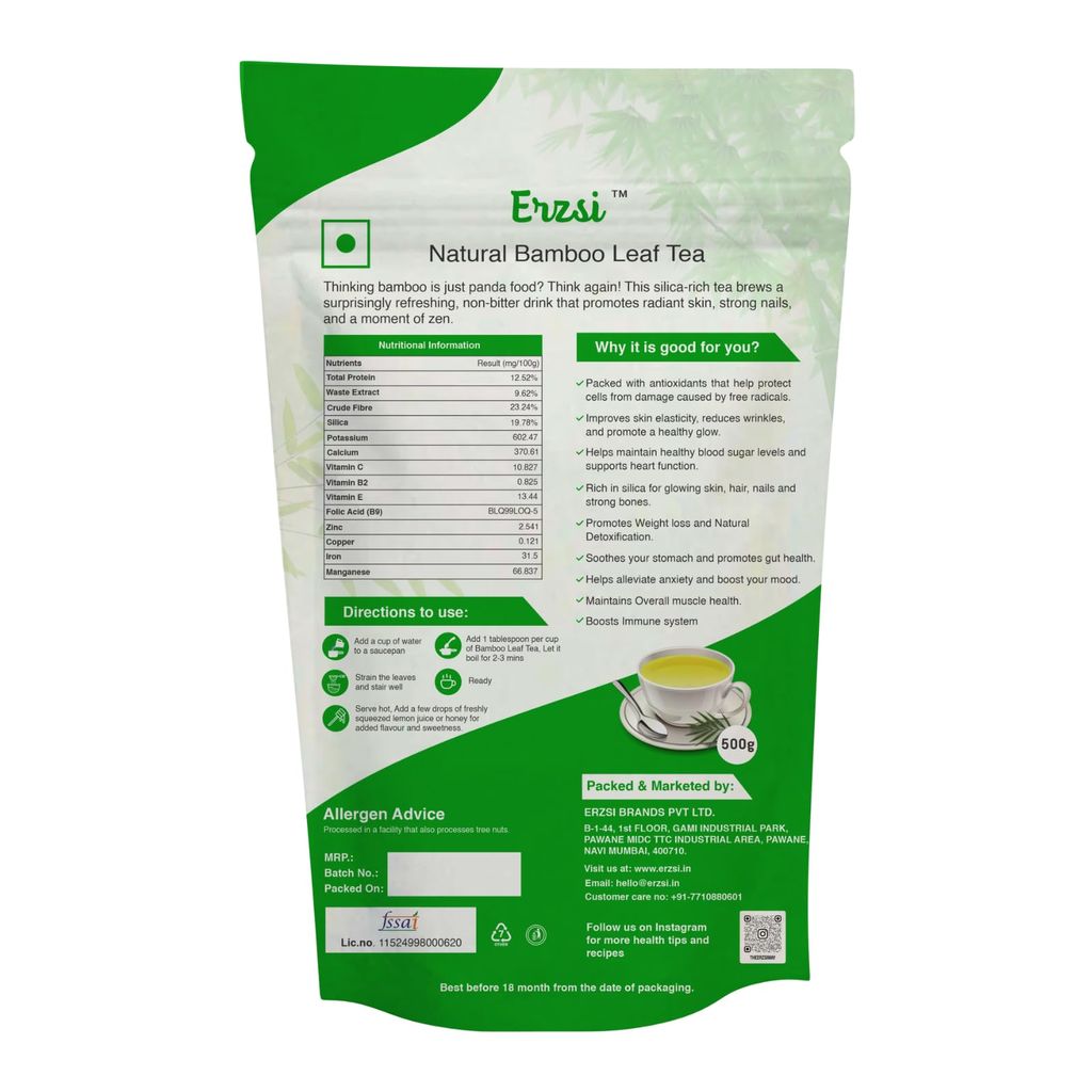 ERZSI Natural Bamboo Leaf Tea | Sip, Soothe, Thrive | Caffeine-Free Herbal Tea for Stress Relief, Detox & Glowing Skin | Organic & Silica-Rich | 100 G view 2
