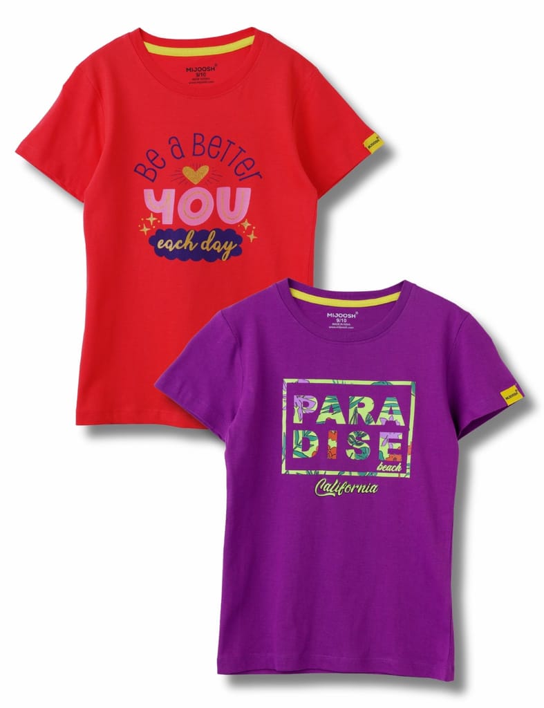 Girls T-Shirt Hibiscus Red / Sparking Grape Violet, Soft Cotton, Ages 7-14 (2pcs pack) view 2