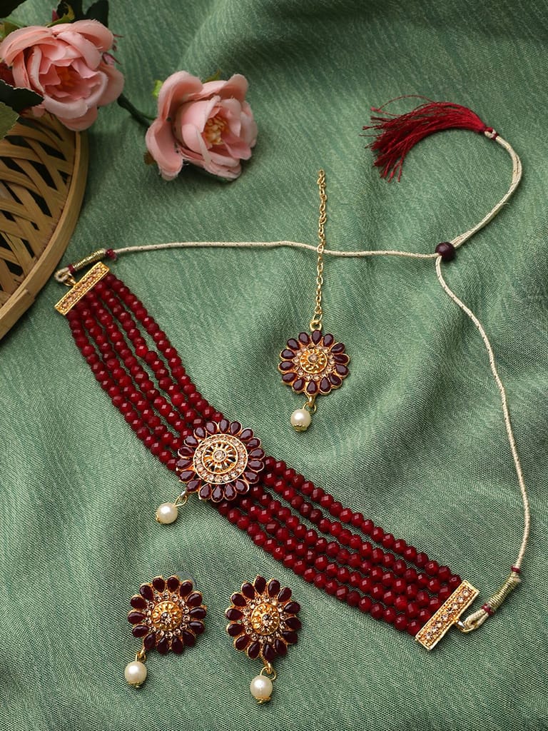 Cardinal Maroon Color Gold Plated Brass Maroon Color Onyx Multistring Choker Necklace Set & Maang Tika view 2