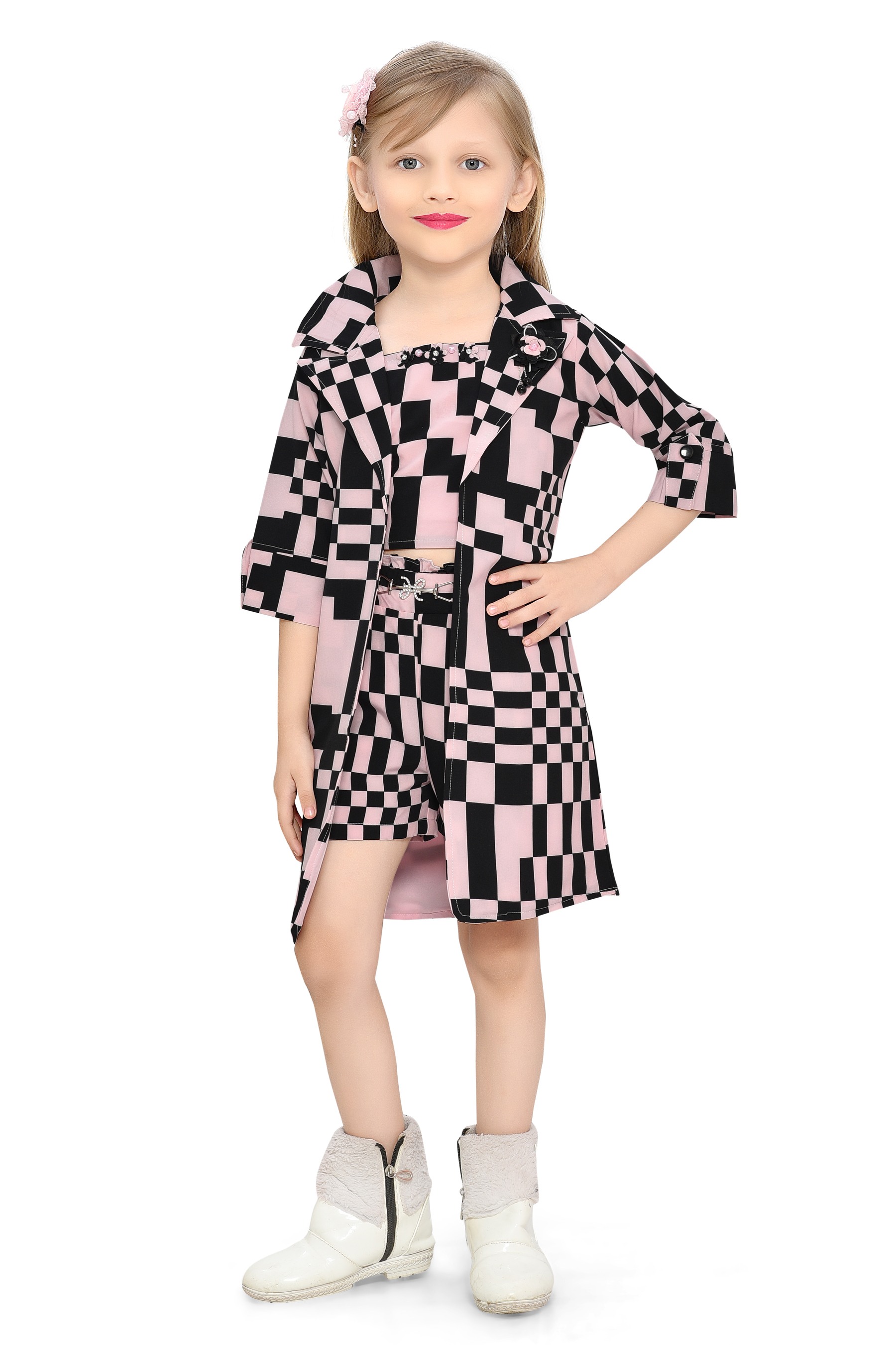 Be:Kids Chic Checkerboard Pink Girls' Two-Piece Outfit: Sleeveless Top and Matching Shorts Set view 2