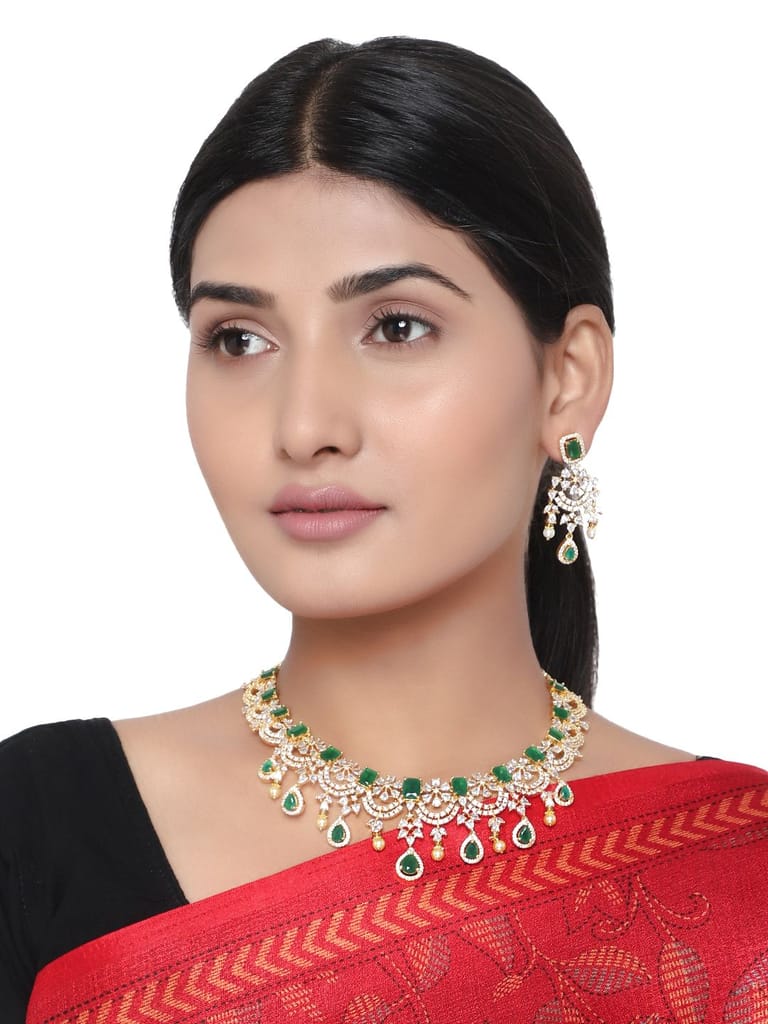 Cardinal American Diamond Gold Plated Green Stone Brass Necklace Set view 2