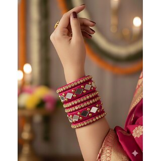 Traditional pink Silk Thread Bangles Set, Mirror Work with Gold Beads view 2
