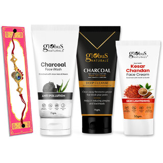 Globus Naturals Rakhi Special Combo- Charcoal Face wash 75gm, Charcoal Peel off Mask 75gm, Kesar Chandan Face Cream 50gm Set of 3 view 2