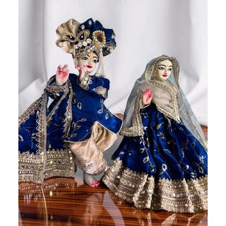 Royal Blue Yugal Sarkar Poshak with Heavy Gold Embroidery l Iskcon Radha Krishna dress view 2