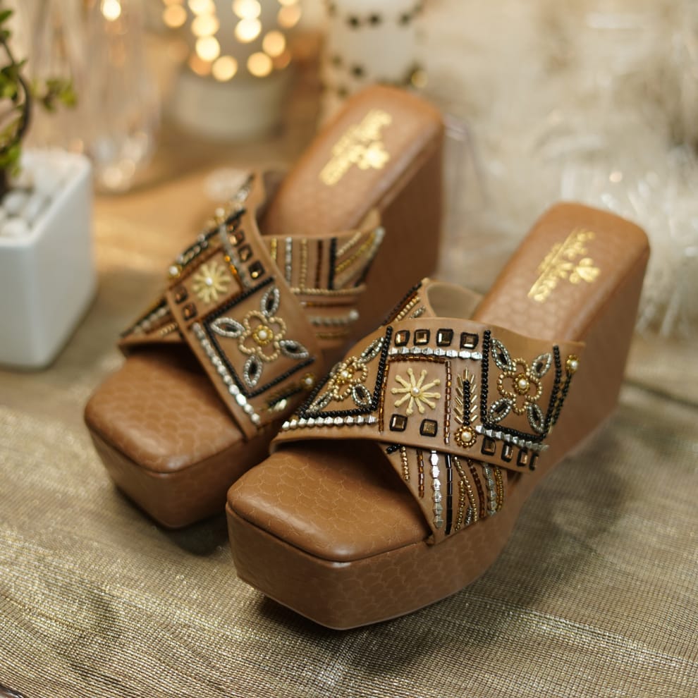 Women's Beaded and Embroidered Wedges with Cross Over Straps and Platform Soles