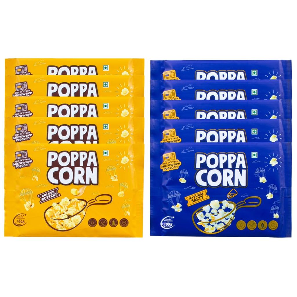 POPPACORN Microwave Popcorn 100gx5 Pouches Golden Buttery & 100gx5 Pouches Natural Salty, 1 Kg Pack of 10