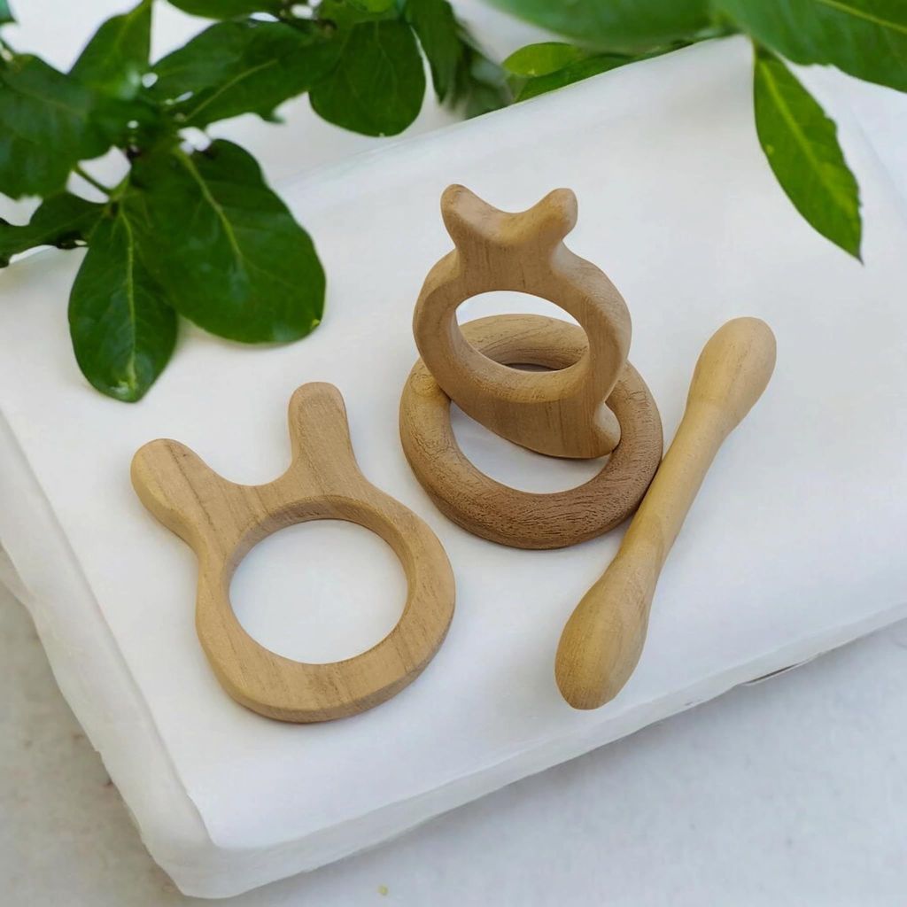 Neemtoys Premium Neem Wooden Delicious Teethers Dumbbell, Ring, Bunny and Mango Shapes Teether, Teething Toy for Babies with Multiple Textured Surface (Brown) view 2