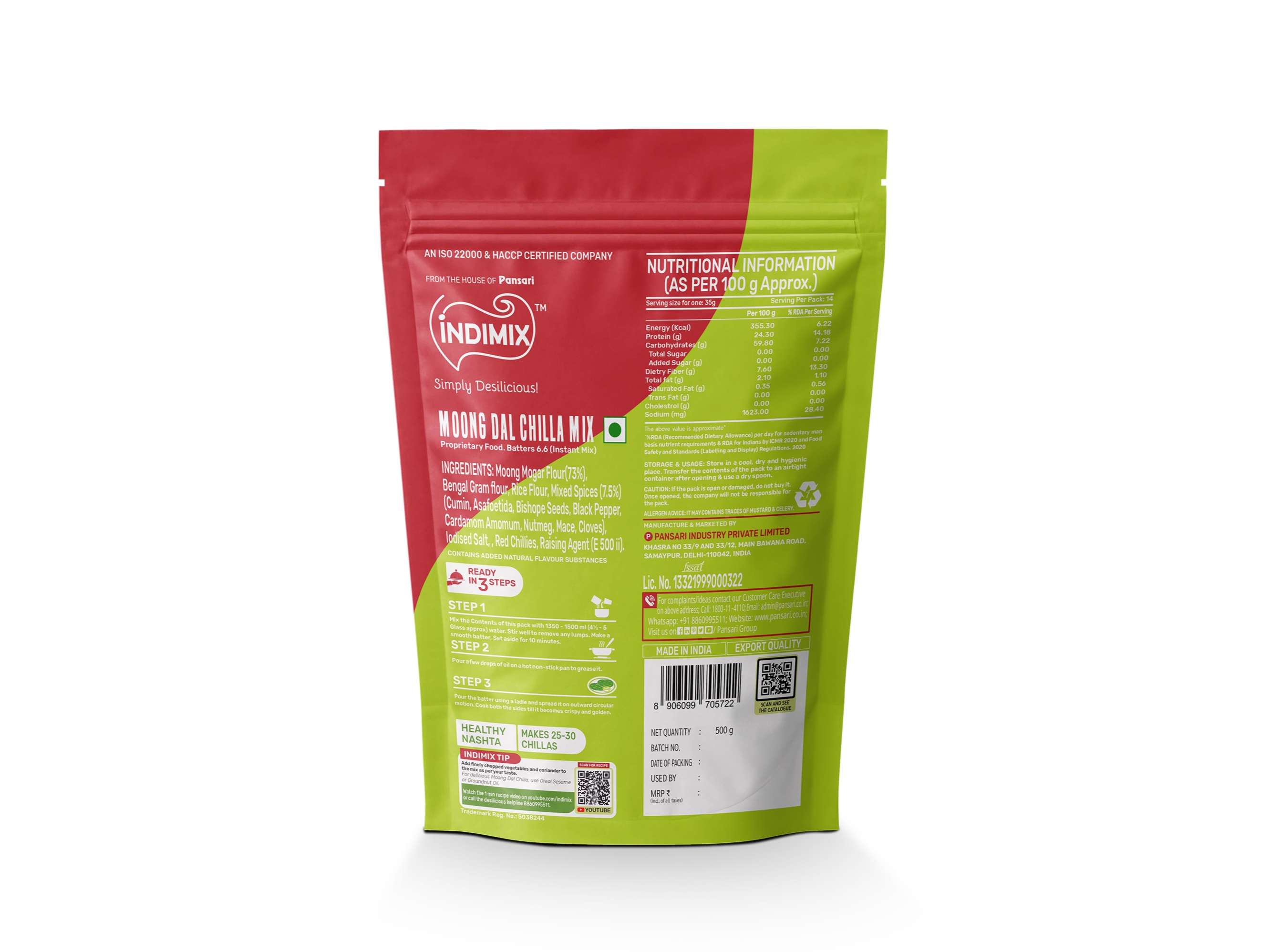 INDIMIX Instant Ready to Cook Moong dal Chilla Mix, Ready In 3 Steps, Healthy & Tasty 500g - Pack of 2 view 2
