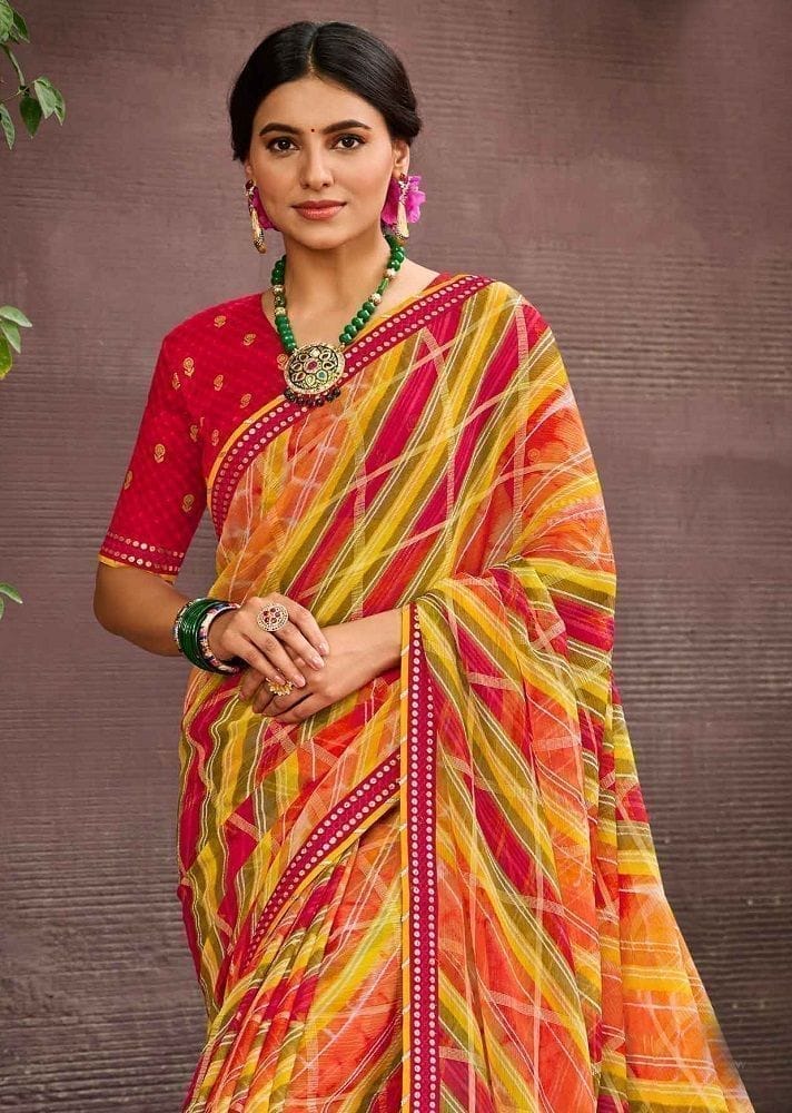 Multicolor Color Checks Chiffon Printed Saree With Fancy Border And Fancy Blouse Piece view 2
