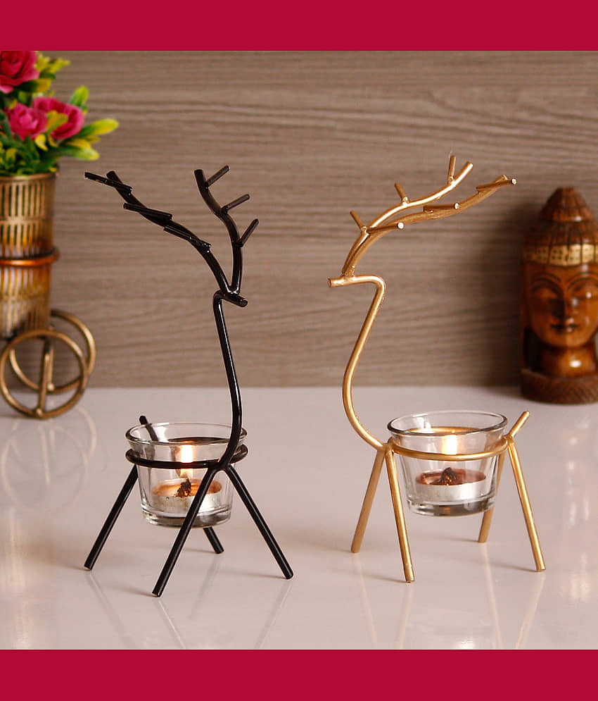 eCraftIndia Set of 2 Black & Gold-Toned Solid Deer Shape Decorative Handcrafted Metal Tea Light Holder view 2