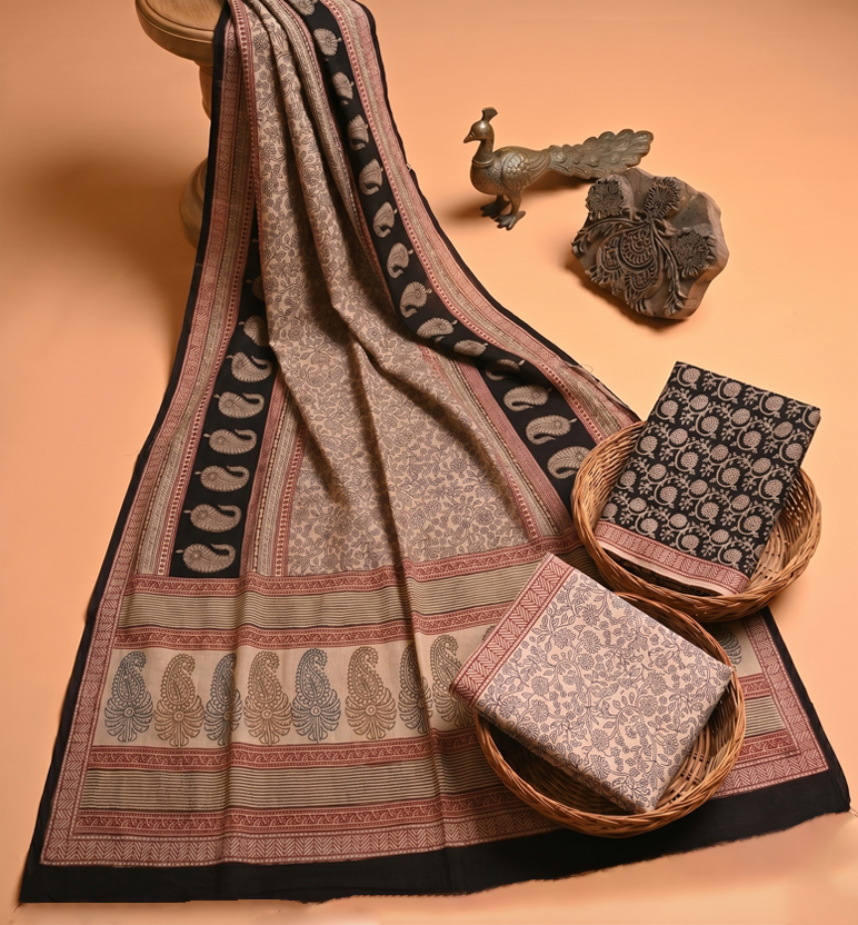 Handcrafted Bagh Print Cotton 3 Piece Suit Set