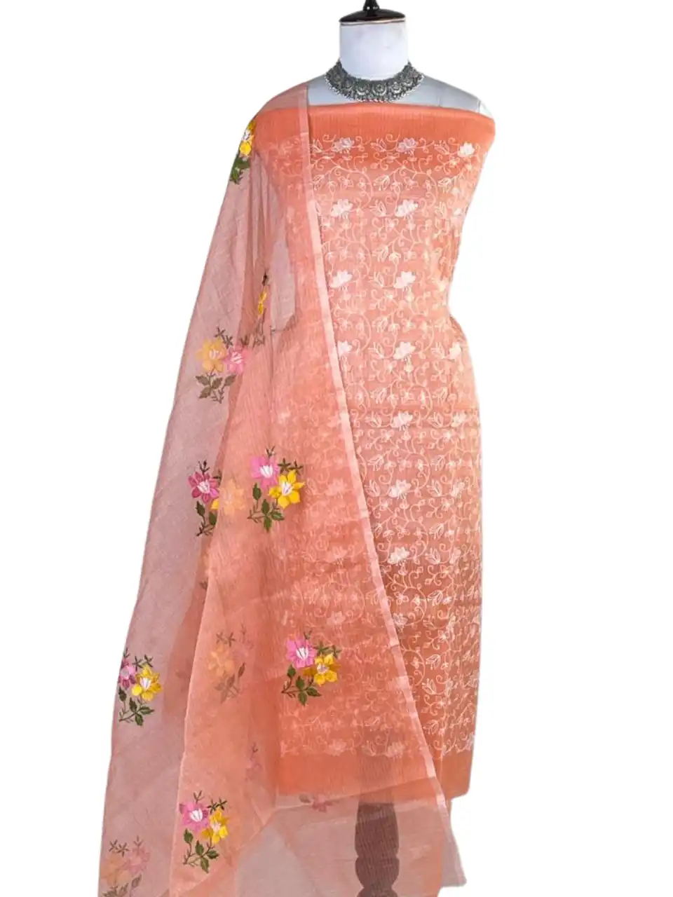 Kota Doria Dress Material Rust Orange Floral Jaal