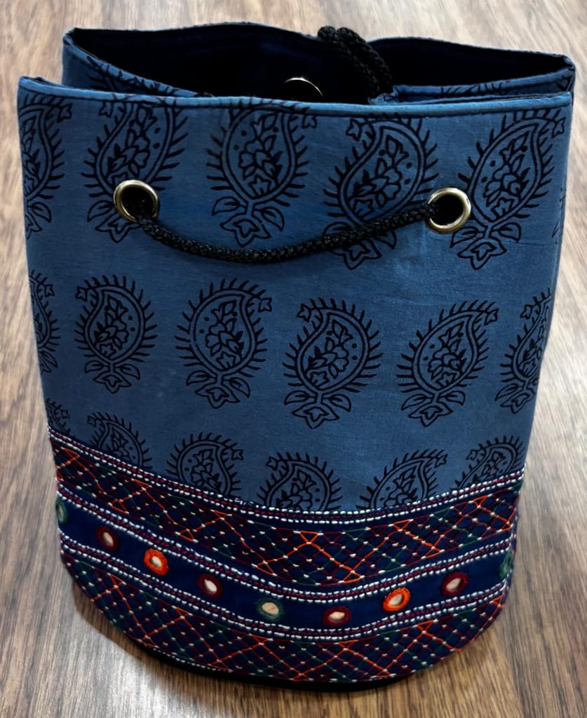 Handcrafted Blue Paisley Print Shoulder Bag - Embroidered Detailing view 2