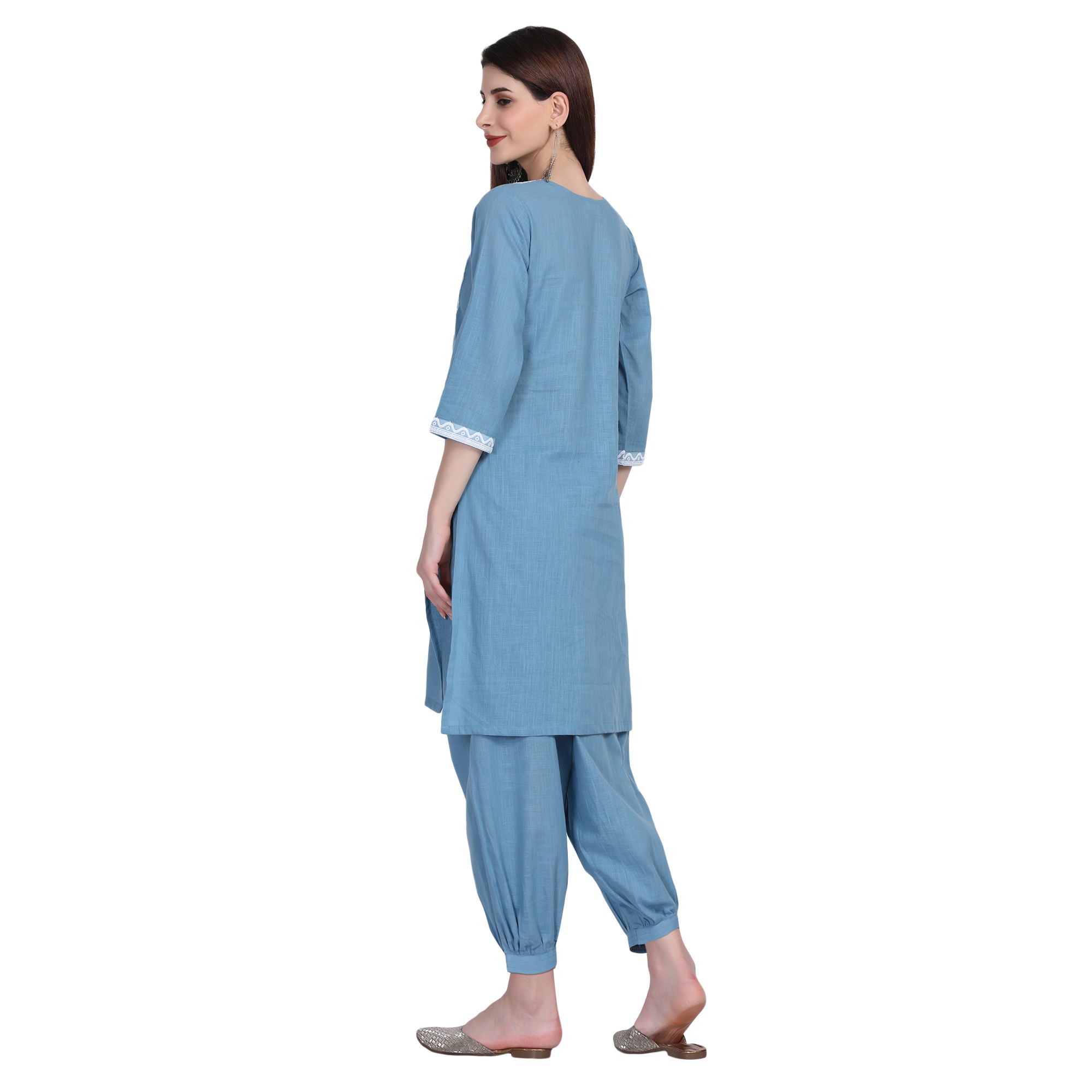 Women Kurti Set with Afghani Salwar, Deep Pocket, Embroidered Patch on Front Cotton view 2