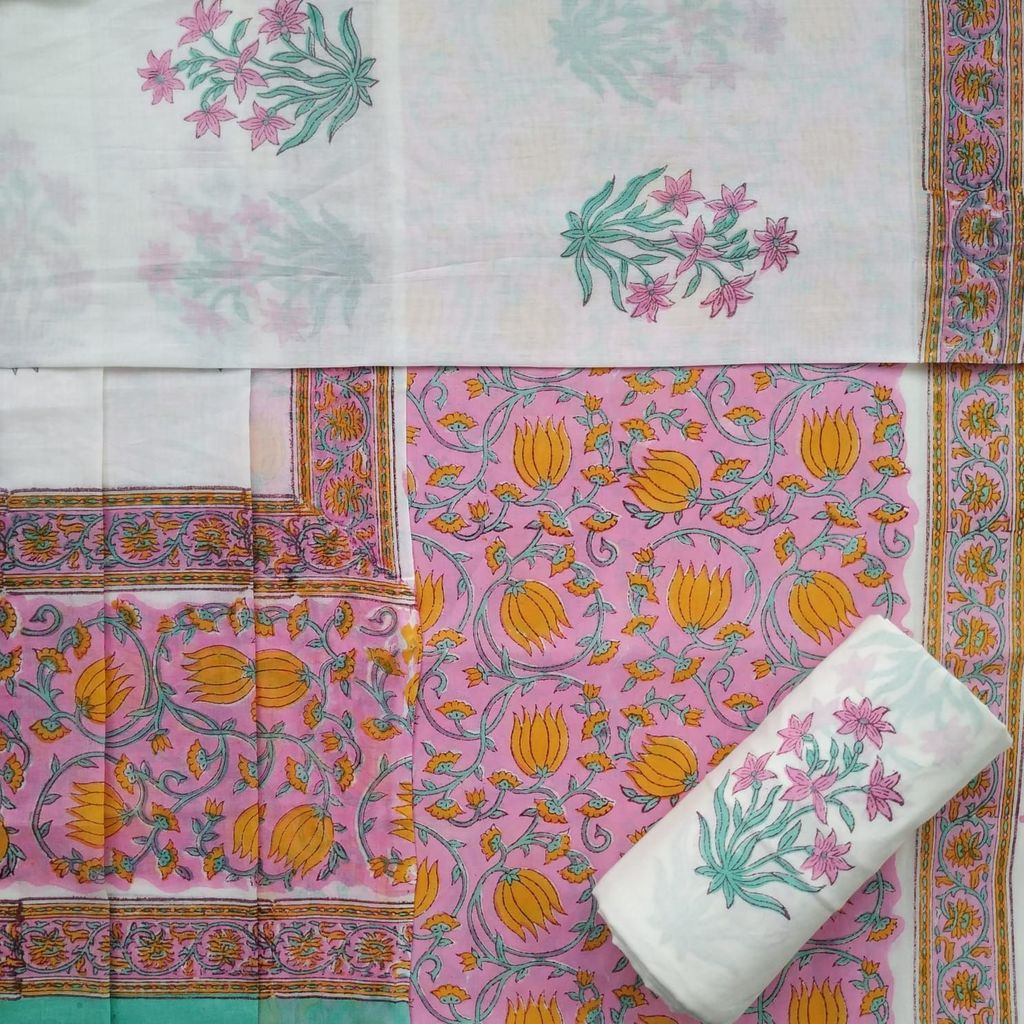 Jaal Hand Block Print Cotton Suit Set with Mulmul Dupatta (PRMUL403) view 2