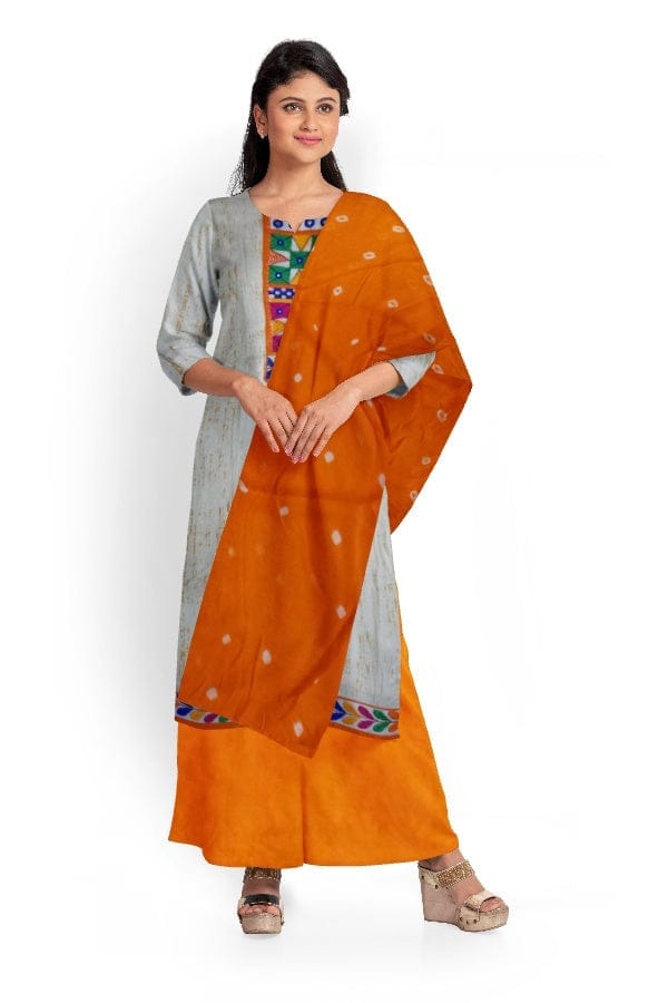Cream Cotton Salwar Suit Fabric with Embroidered Neck Pattern and Bandhani Dupatta view 2