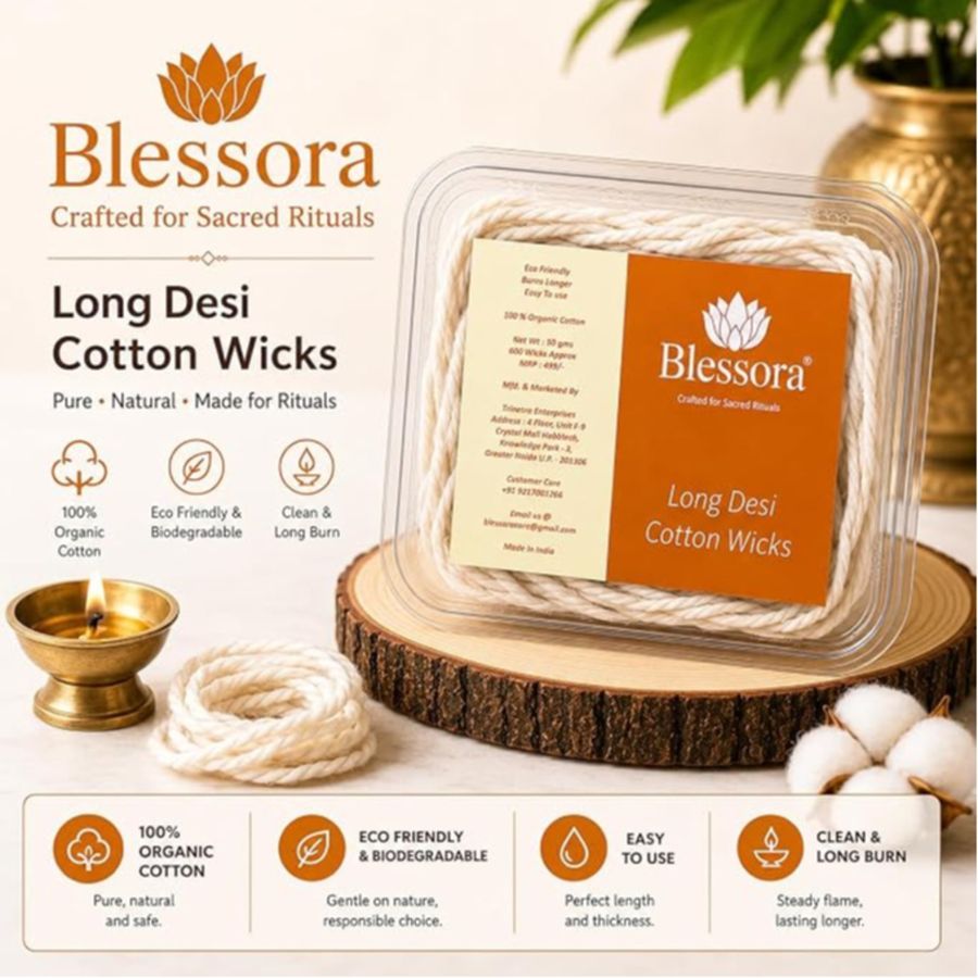 Desi Long Cotton Wicks Diya Batti - White Long Rui for Pooja | Long Lasting Aarti Use | Temple Daily Worship (Pack of 600 Pcs) view 2
