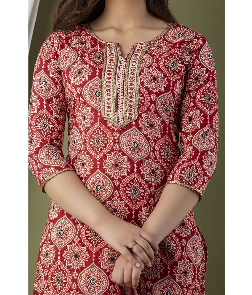 Glorious Rayon Printed Kurti With Pants Women's Stitched Salwar Suit - Red ( Pack of 1 ) view 2