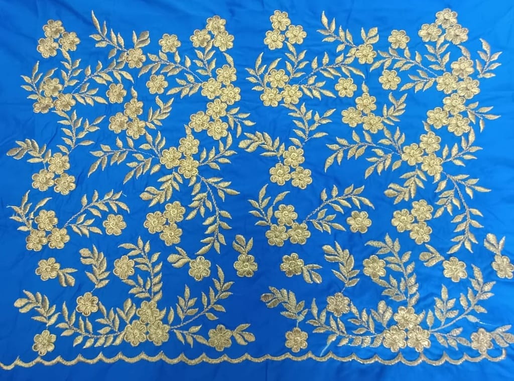 Blue and gold embroidered blouse neck design view 2