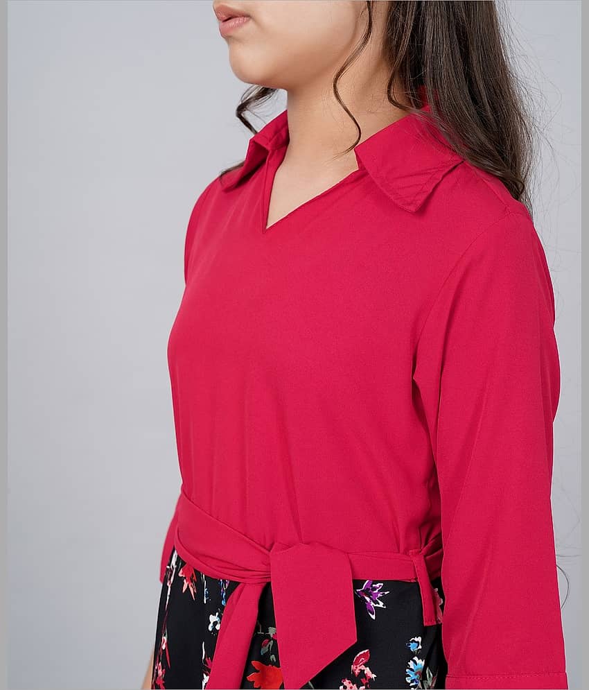 Aarya Designer Crepe Fit And Flare Dress For Girls ( Pack of 1 , Red ) view 2