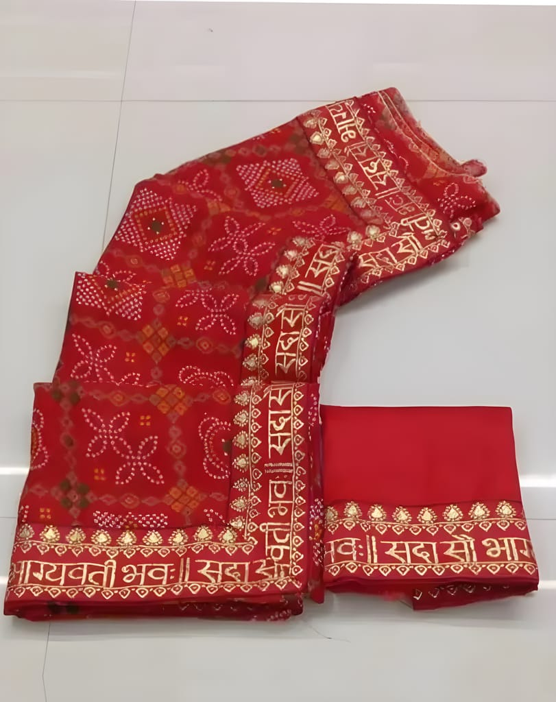 Women's Red Bandhani Print Saree with Saubhagyavati Bhavah Border | Traditional Ethnic Saree with Matching Blouse Piece | Festive & Wedding Wear view 2