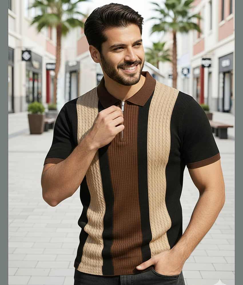 AOOSH Men Cotton Blend Regular Fit Striped Polo T Shirt ( Beige ) view 2