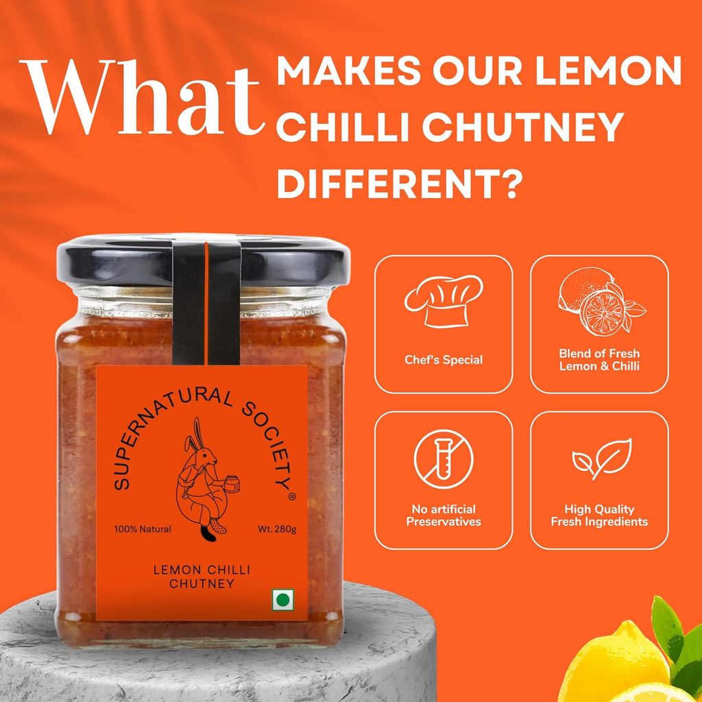 Supernatural Society - Tangy Lemon Chili Chutney 280g | Made with Fresh Lemons & a Mix of Tasty Spices | Easy to Use, Perfect for Sandwiches and Cheese Platter view 2