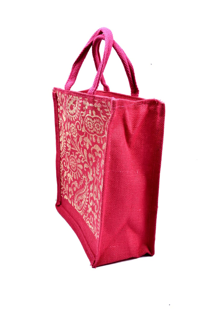 Red and Gold Jute Tote Bag with Floral Prin view 2
