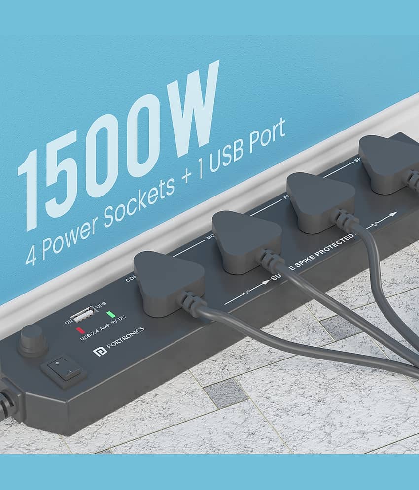 Portronics Power Plate 4:With 4 Power Sockets +1USB Port Power Converter ,Black (POR 1291) view 2