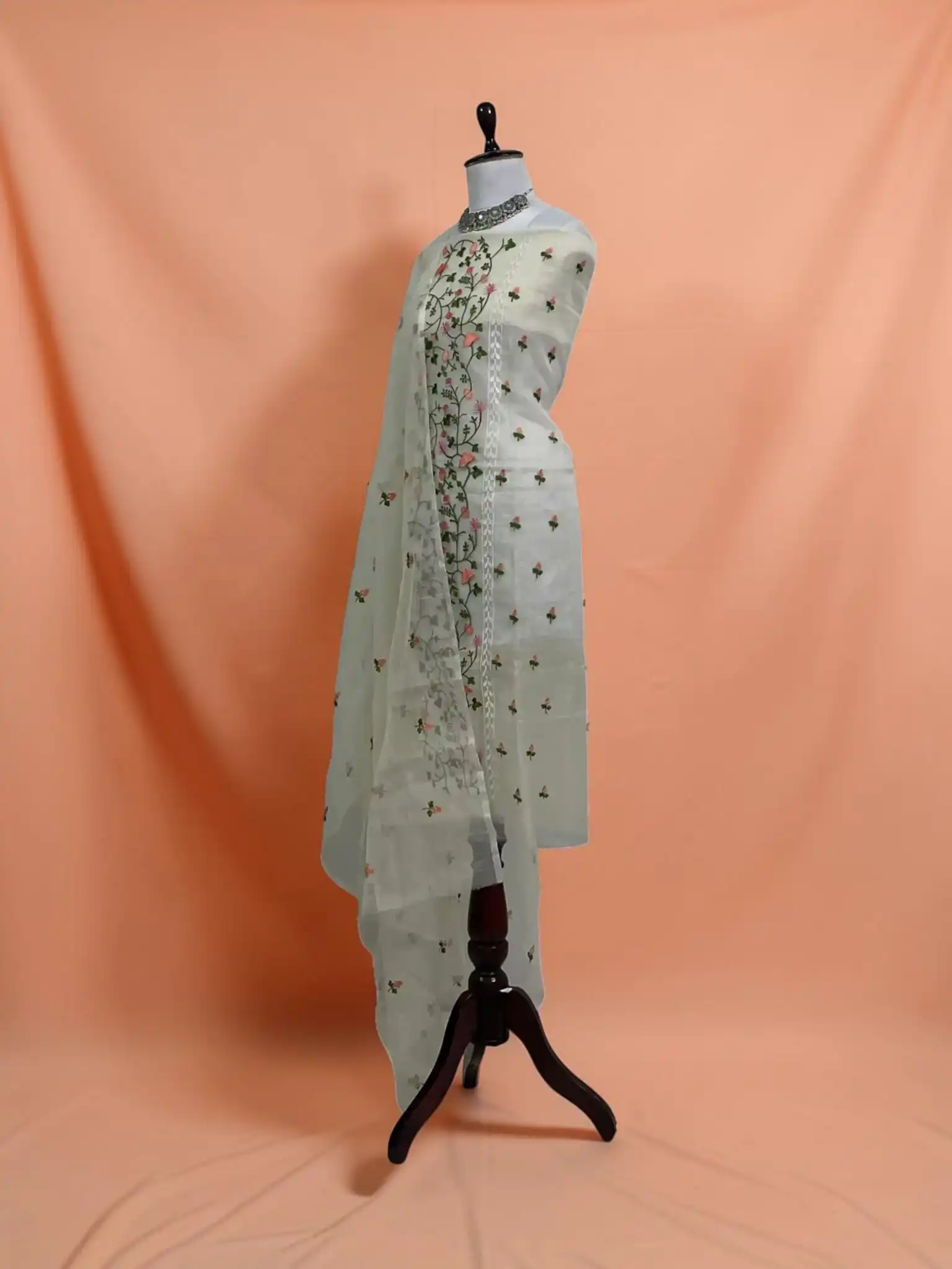 Kota Doria Handwoven Cotton Dress Material with Hand-Embroidered Florals view 2