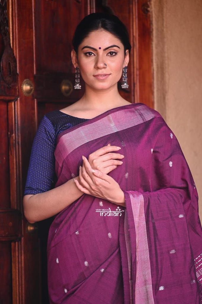 Dhun ~ Exclusive Siver Zari - Authentic Handloom Cotton Paithani in Wine Color with Silver Zari and Parrots Pallu view 2