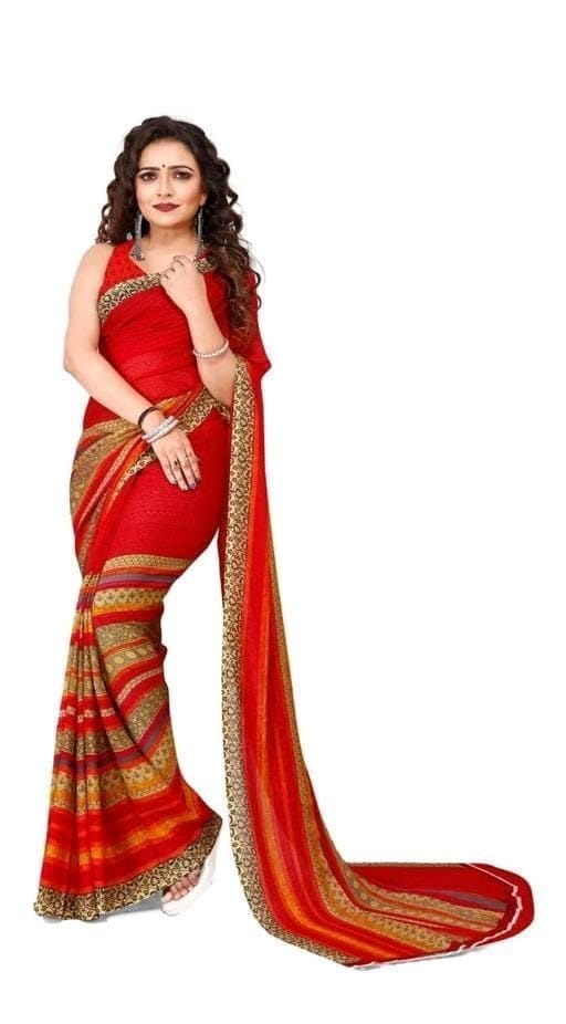 KHUSHBOO DESIGNERS Women's Solid Georgette 5.5 Meter Saree with Unstitched Blouse Piece (Red). view 2