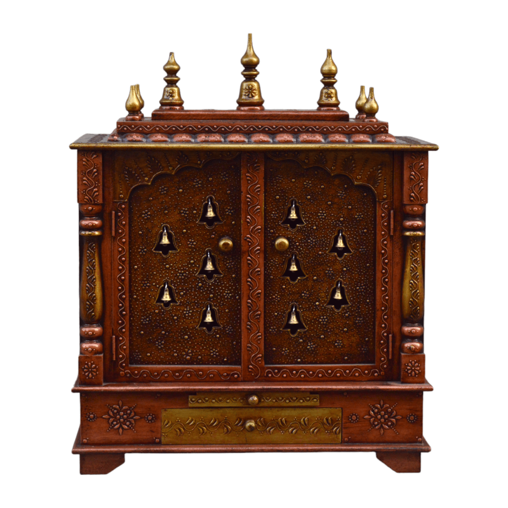 Wooden Temple Mandir Copper Gold Combo Embossed Work Handcrafted Window Pooja Ghar Mandap With Beautiful Worship Home Office Wall Decor Art view 2